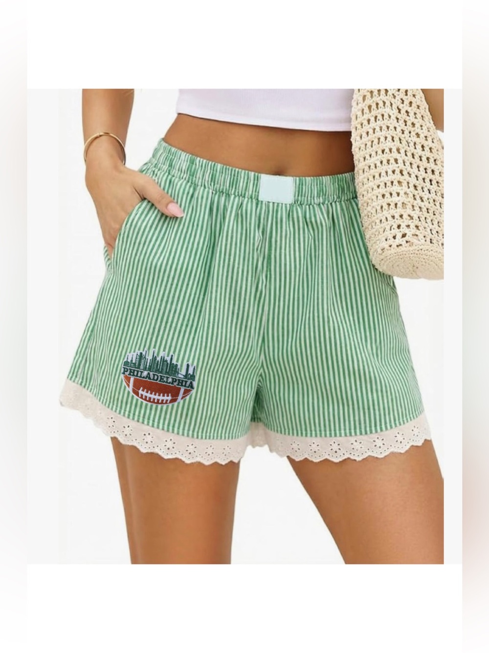 Philadelphia Eagles Green Striped Women's Shorts with Lace Trim